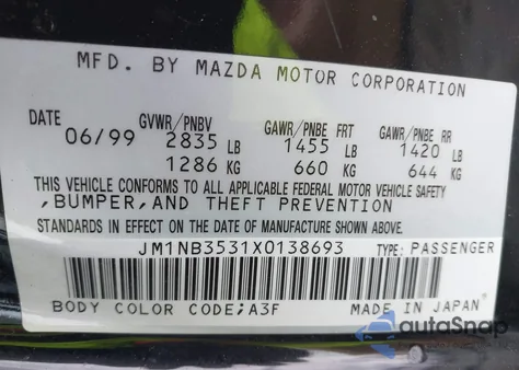 1999 Mazda Mx-5 Miata из США, поврежденный, VIN JM1NB3531X0138693